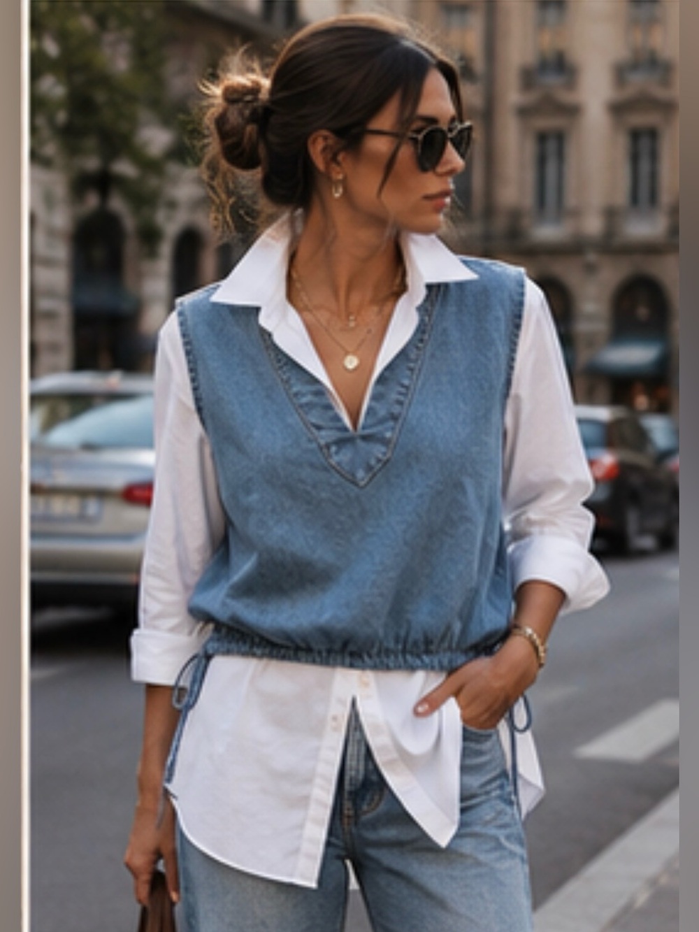 G01. Denim V-Neck Drawstring Vest in Light Blue